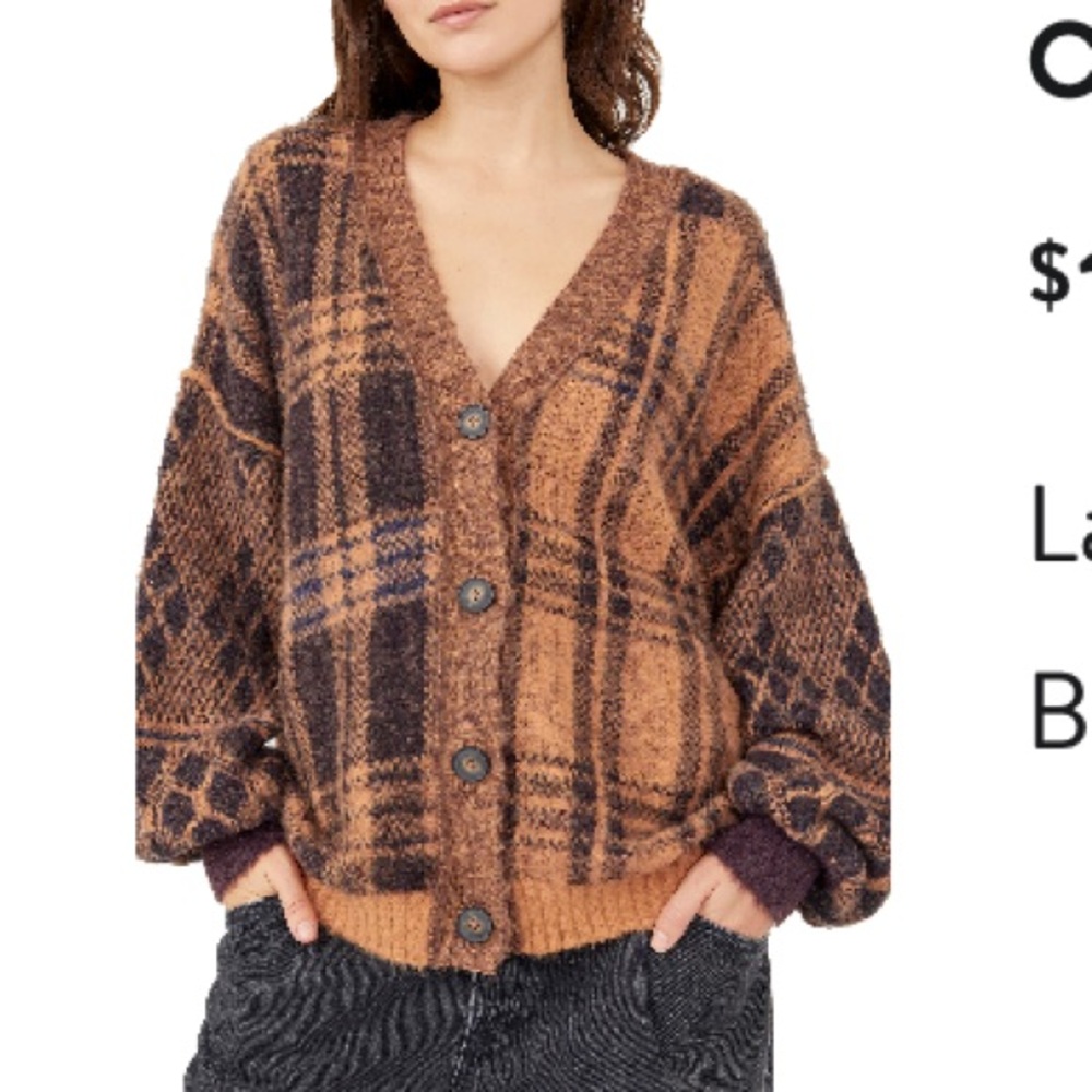Free People Sepia Plaid Jacquard Oversized Cardigan - L